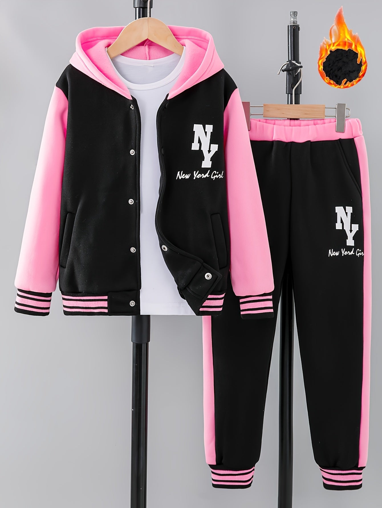 Girl clothing  'NY' Letter Print  Block Hooded Varsity Jacket + Sweatpants Set