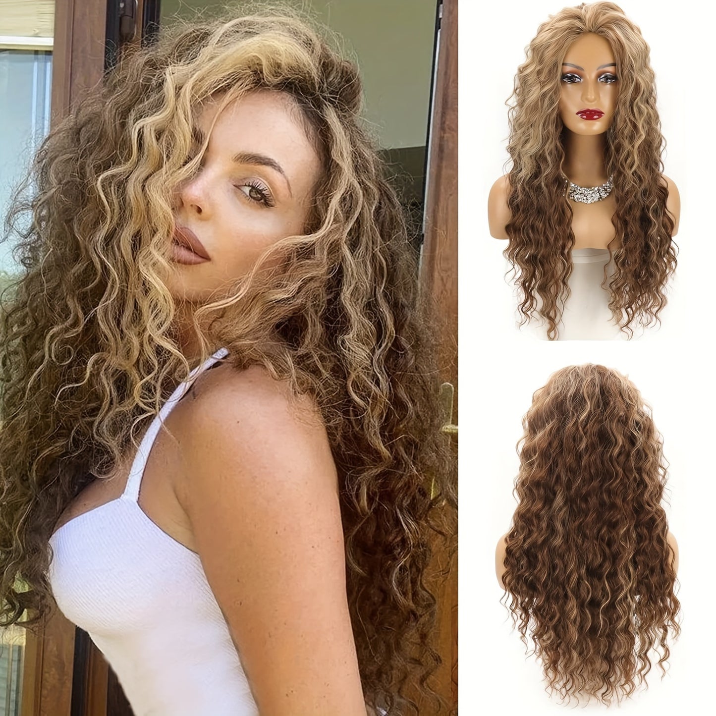 Crown & Glory Wigs   UFINE Elegant Water Wave Wigs for Women - High-Temperature Fiber, Rose Net Cap, 150% Density, Versatile Synthetic Hairpiece for Daily Wear, Halloween, Cosplay - 28-inch Long Curly Middle Part Wig