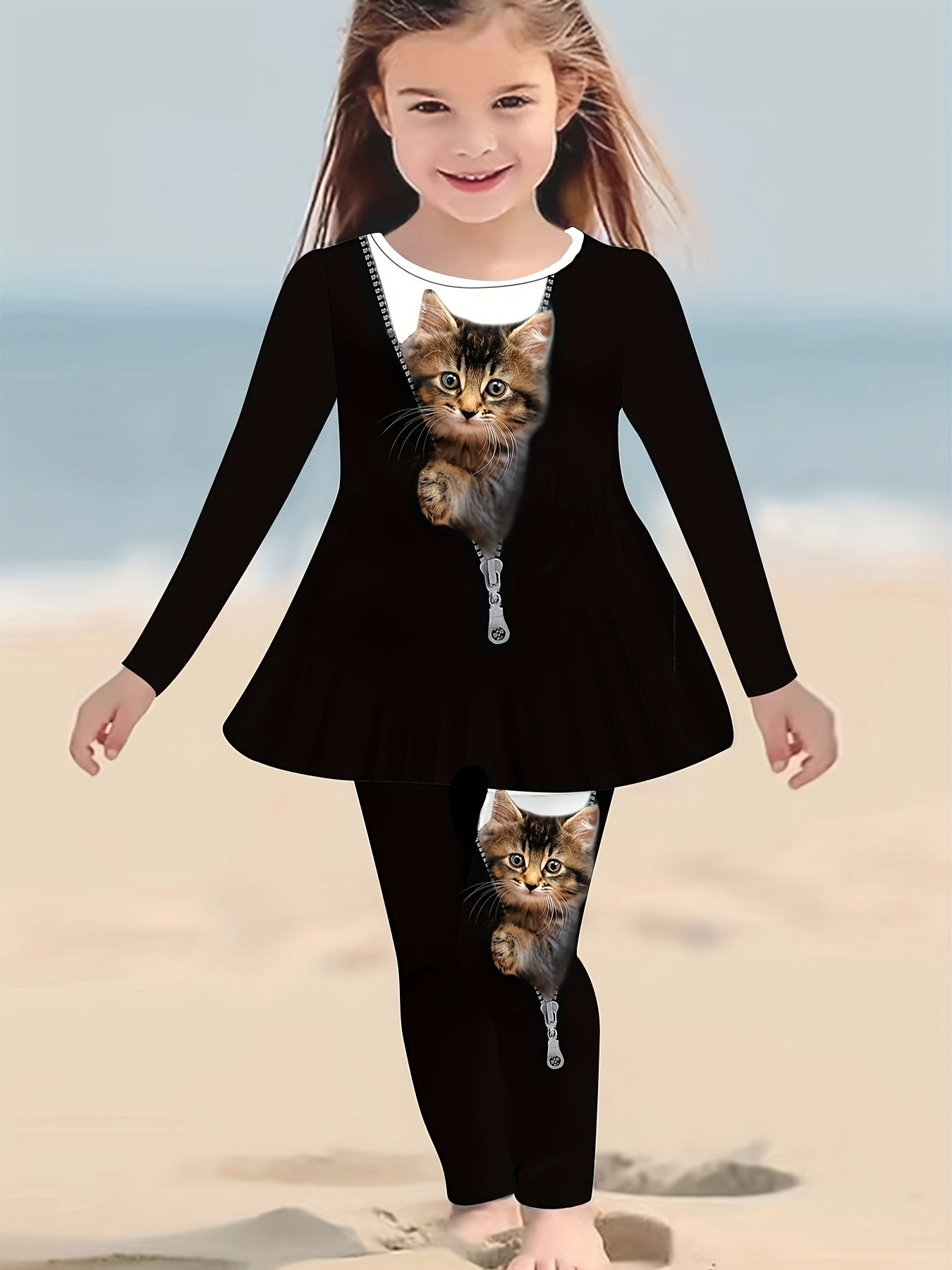 Girl clothing  Cat Print Long Sleeve Dress & Pants Set for Girls