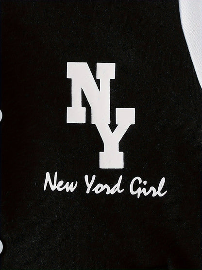 Girl clothing  'NY' Letter Print  Block Hooded Varsity Jacket + Sweatpants Set