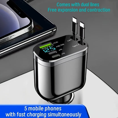 Car  5 in 1 Fast Car Charger, Suitable for Normal Family Car Models, with 2 Retractable Phone Charger Cables And 2 PD Ports