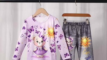 Girl clothing  2pcs Cute Bear and Sun Butterfly Heart Print Long Sleeve Top and Denim Pants Set