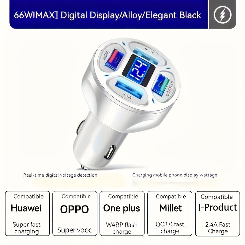 Car   120W Car Charger with 4 USB Ports, Digital Display and Fast Charging Technology - Perfect for Charging Multiple Devices at the Same Time!