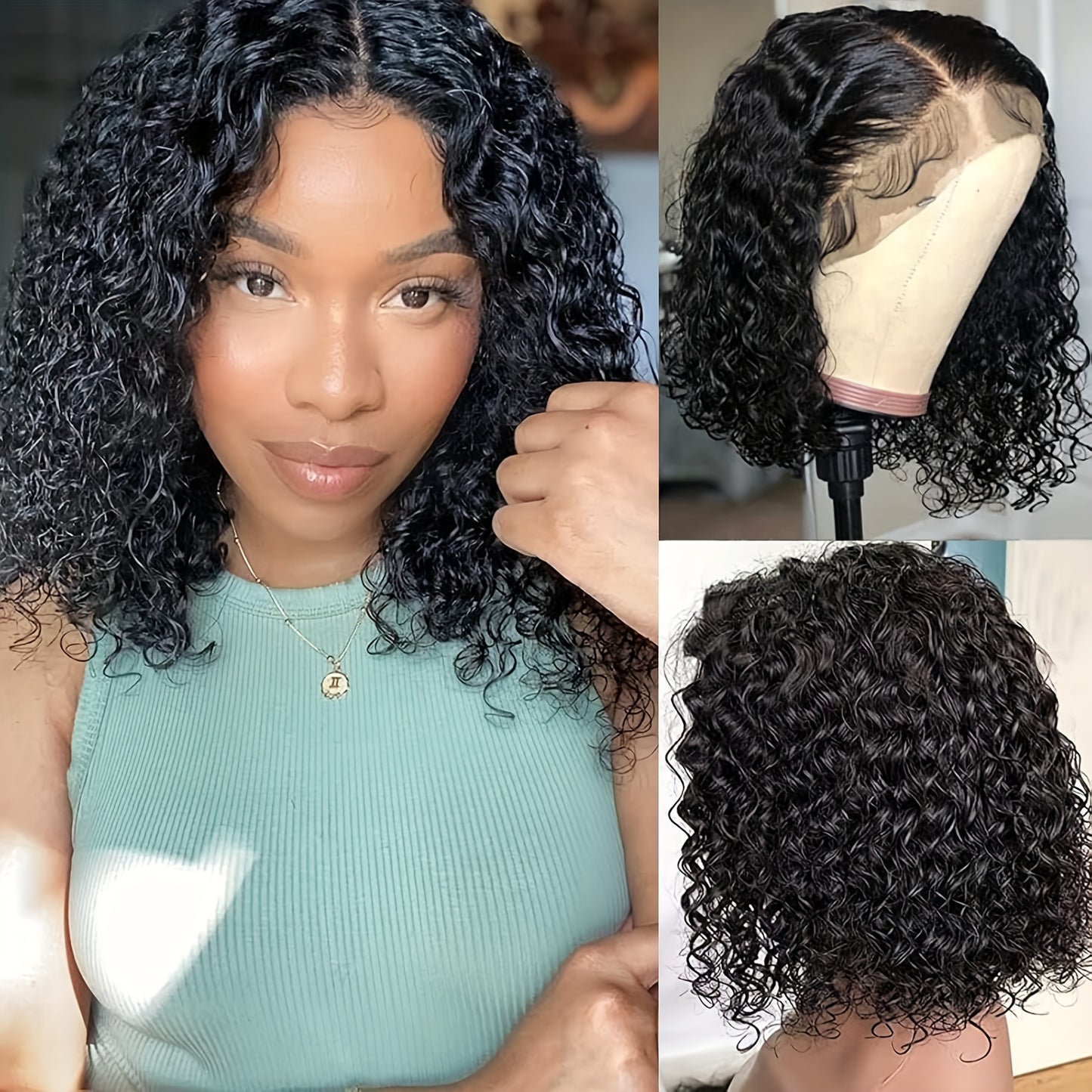 Crown & Glory Wigs Adjustable 14" Deep Curly Bob Wig for Women - Glue less Lace Front, Pre-Plucked & Pre-Cut, Soft Rose Net, High-Density 150% Brazilian Hair, Voluminous Curls, Comfort Fit Cap, Short Hair Wigs