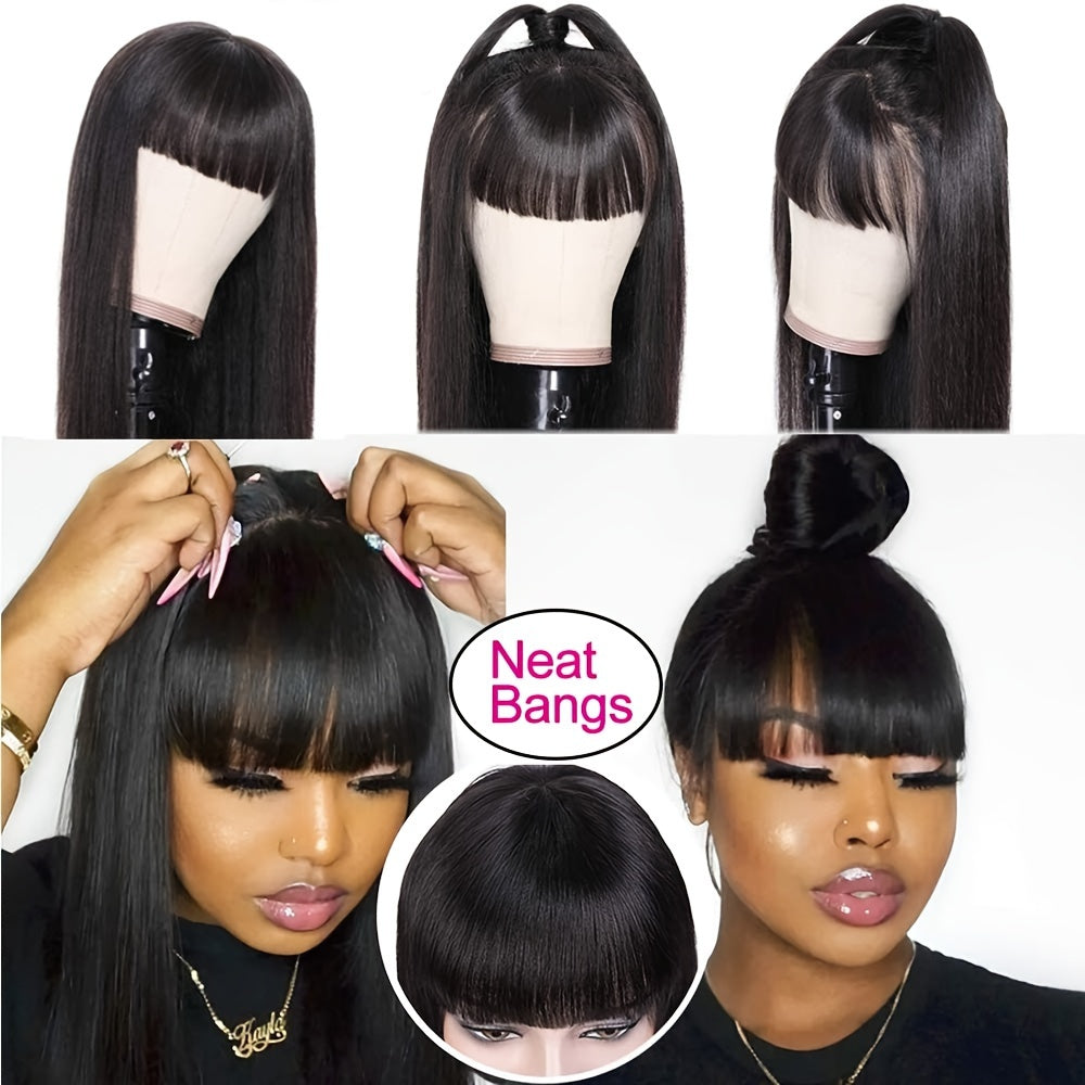 Crown & Glory Wigs   Silky Brazilian Virgin Straight Human Hair Wigs with Bangs 150% Density None Lace Front Wigs Glueless Machine Made Wigs for Women Natural Color