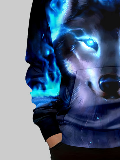 Boy  clothing  Blue Flame Wolf 3D Print Boys Long Sleeve Hoodie