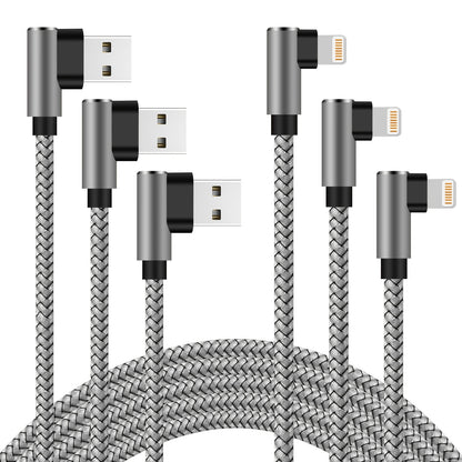 Mobile  3-Pack 6ft Nylon Braided Charging Cables - 90 Degree Round USBMale to Female, Data Sync, USB Powered 0-5W - Compatible with iPhone/iPod/iPad, Grey