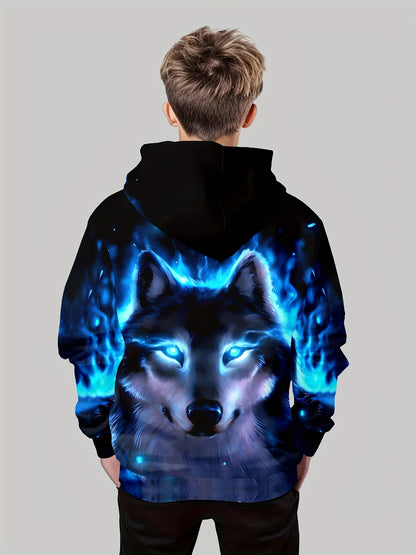 Boy  clothing  Blue Flame Wolf 3D Print Boys Long Sleeve Hoodie