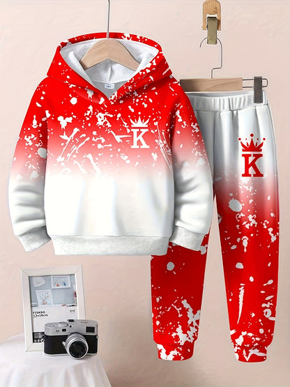 Boy  clothing   2pcs Set, Casual Crown Letter Printed Hoodie and Pants Outfit