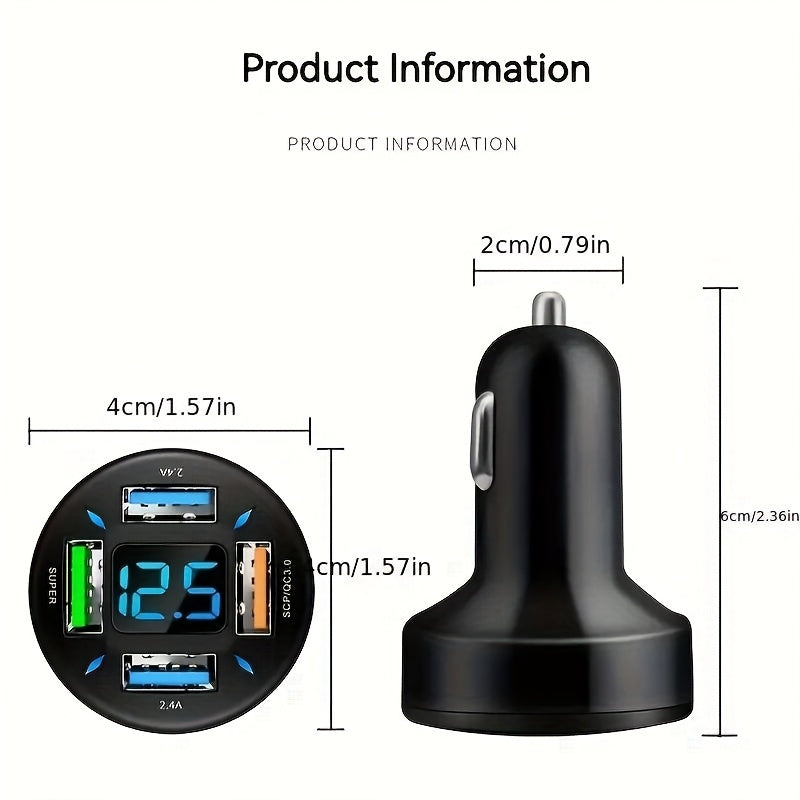 Car   120W Car Charger with 4 USB Ports, Digital Display and Fast Charging Technology - Perfect for Charging Multiple Devices at the Same Time!