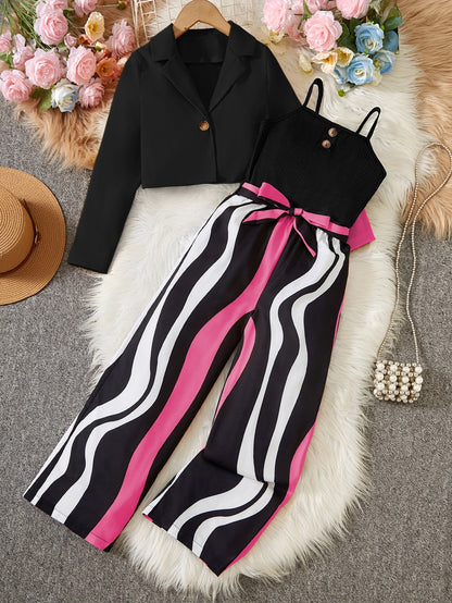 Girl clothing  Long Sleeve Short Blazer + Camisole + Striped Jumpsuit Set Includes Belt