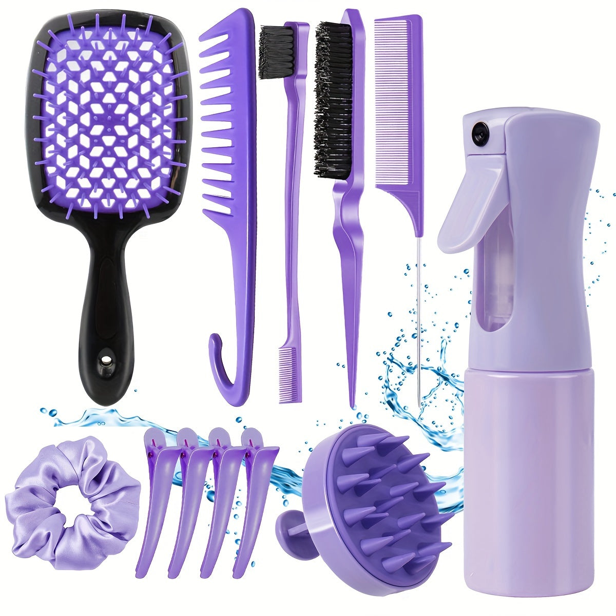 Style & Shine Hair  12pcs Hair Styling Set: Detangling & Teasing Brushes, Rat Tail Comb, Edge Control Brush, Silicone Scalp Massager Shampoo Brush with Spray Bottle - for All Hair Types