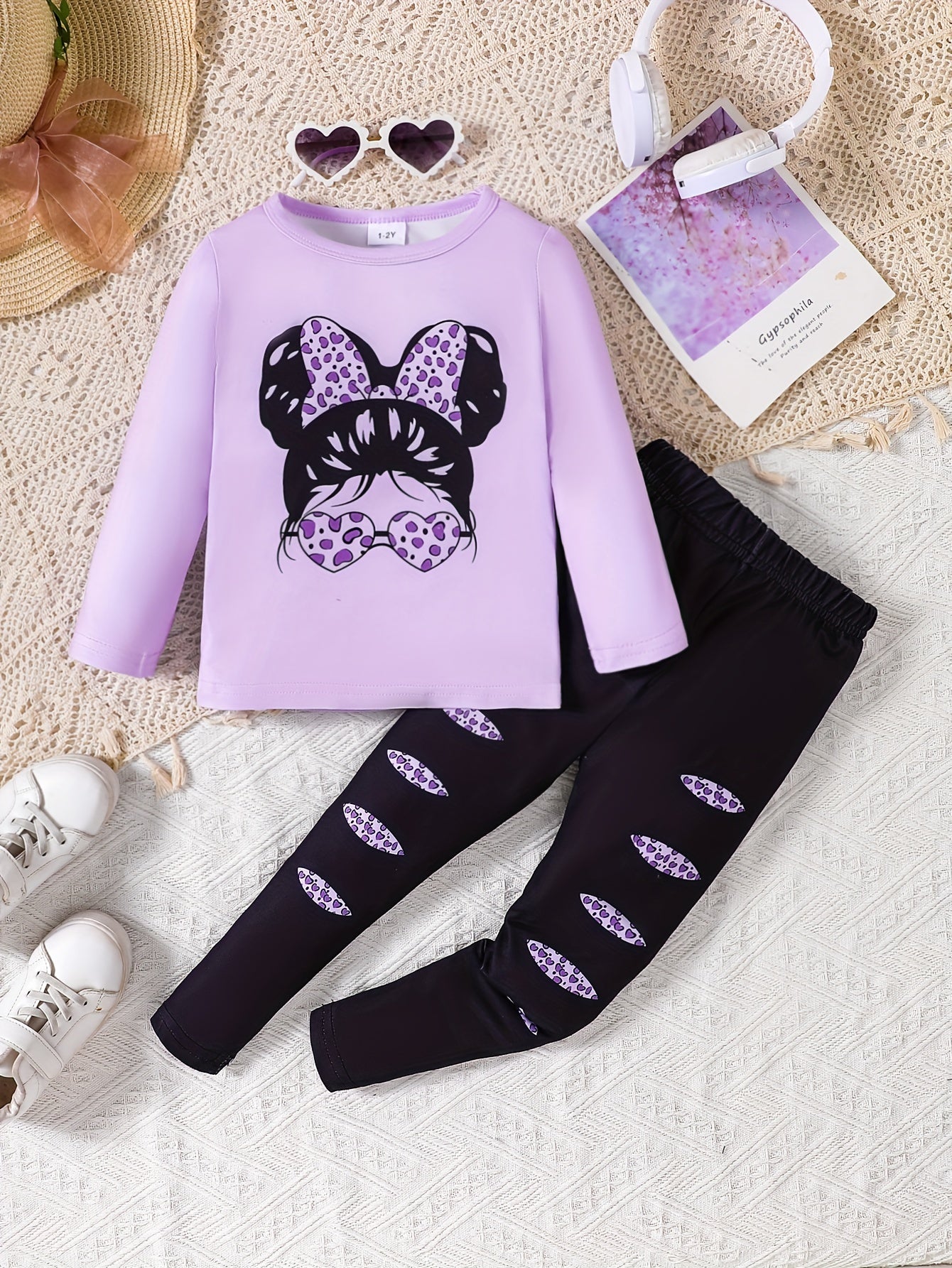 Girl clothing   printed long sleeved top+leopard print leggings