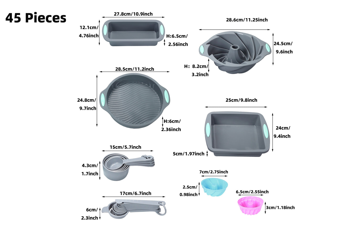 Kitchen   45pcs Silicone Baking Set, Non stick Bakeware Set Baking Cookie Sheets Cake Muffin Bread Pan, Loaf Pan, Cake Pan, Pizza Pan, Mini Cupcake mold, Bundt pan, Charlotte Cake Pan, Measuring Cup and Spoon