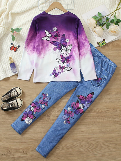 Girl clothing  Girls' Butterfly & Floral Print Outfit Set - Long Sleeve Crew Neck Top with Imitation Denim-Printed Leggings