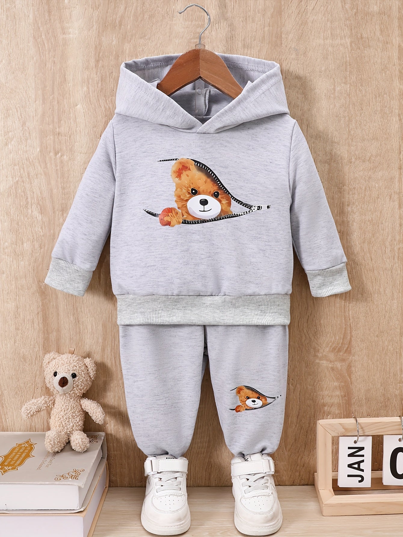 Boy  clothing  Boys And Babies  Zipper Bear Print Long-Sleeved Sweatshirt + Print Trousers Two-Piece Set