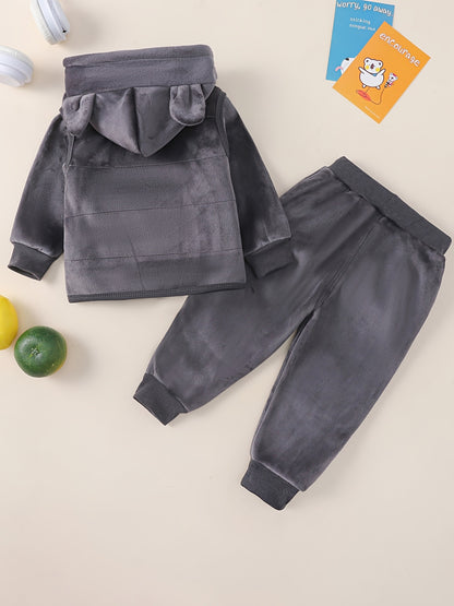 Boy clothing  3pcs Toddler Boy Outfit Set -Bear Appliqué Top, Hooded Zip-Up Jacket, and Matching Pants