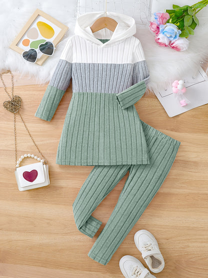 Girl clothing  2pcs Set, Spring/Fall Knitted Casual Outfit, Color Block Long Sleeve Hooded Pullover and Long Pants