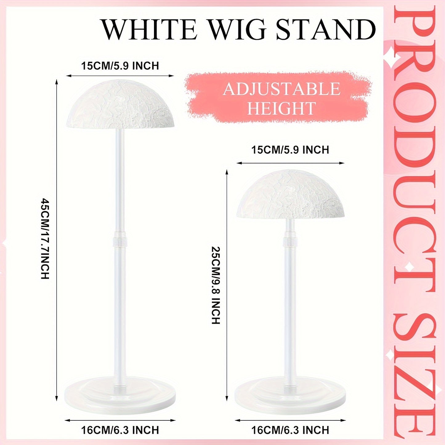 Style & Shine Hair  Adjustable Height Wig Stand,  Lace Hat Display, Plastic Wig Head Holder, Portable & Durable