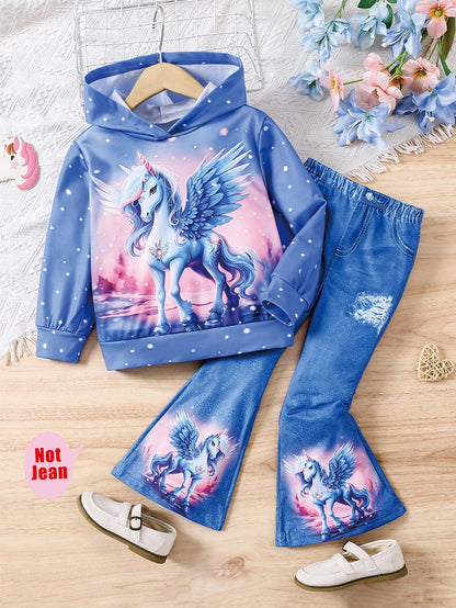 Girl clothing  2pcs Purple Unicorn Print Long Sleeve Hoodie + Trousers Set