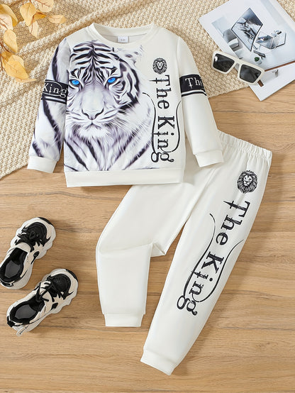 Boy clothing  2pcs Boys' Casual Crew Neck Tiger Print Long Sleeve T-Shirt and Pants Set