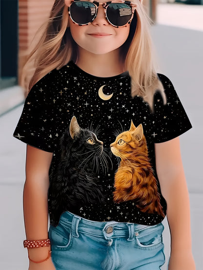 Boy  clothing  Girls/boys Trendy 3D Moon & Cat Print Short Sleeve T-shirt