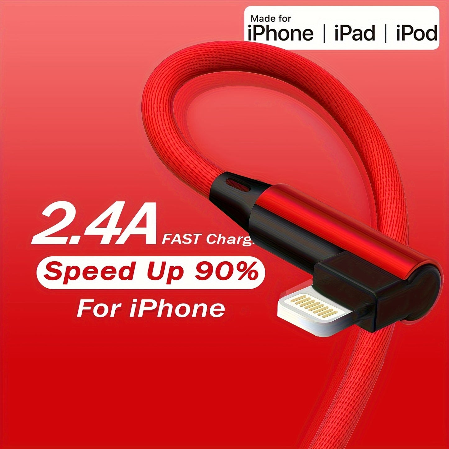 Mobile  2.4A Fast Charging Cable, Nylon Braided Right Angle USB to iPhone/iPad Charger Cord, Durable Flat Design