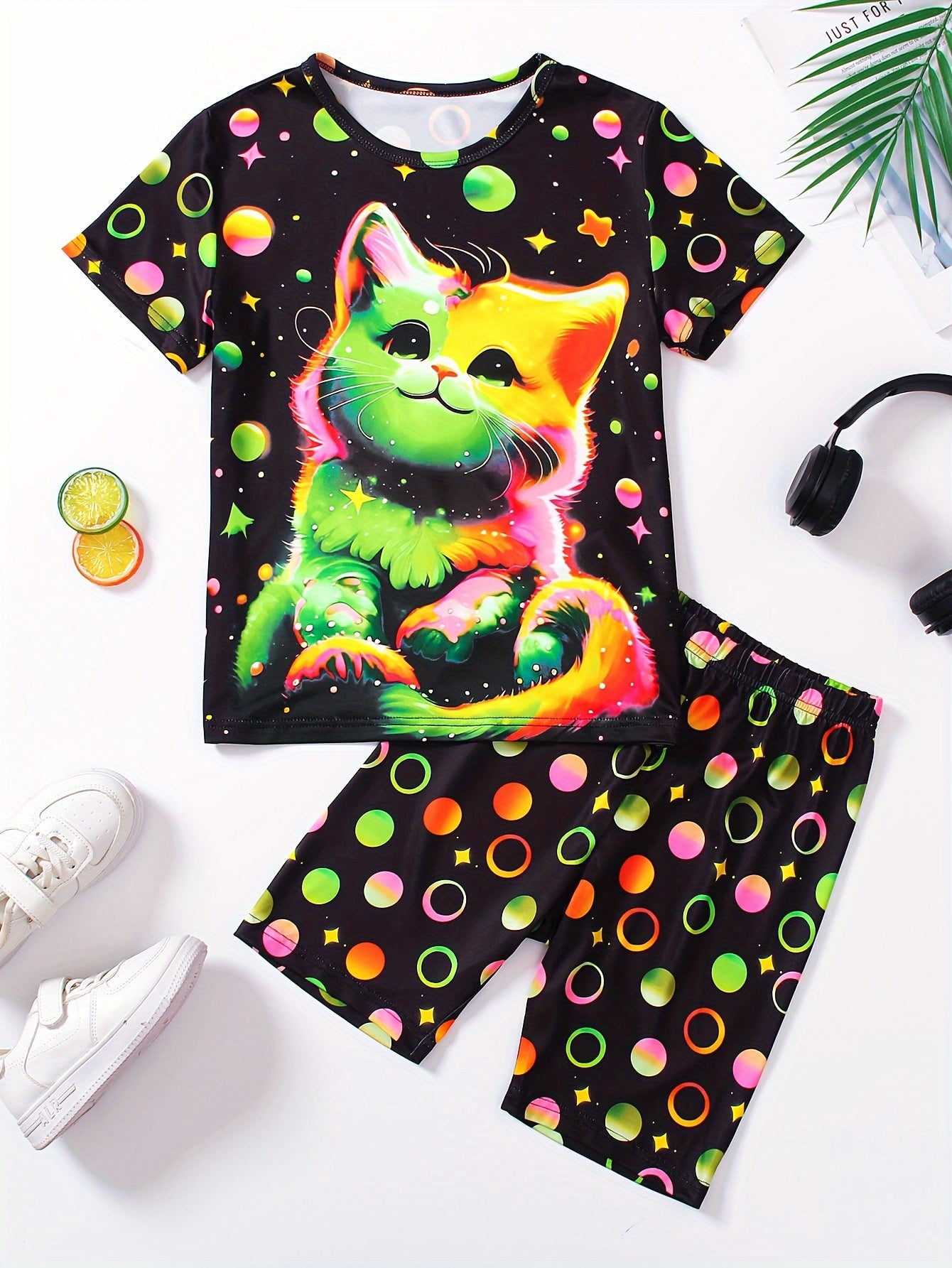 Girl clothing  2 Pcs Girl's Glow-in-the-dark Effect Cat Pattern Short T-Shirts & Shorts Pajama Set