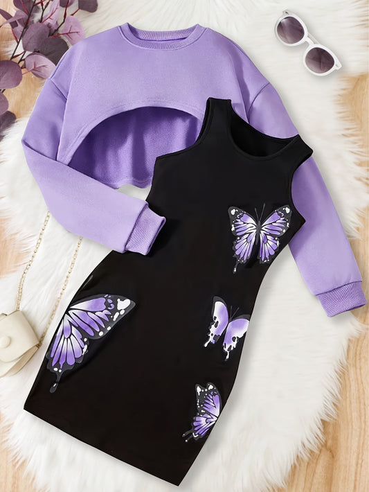 Girl clothing  Elegant Girls' Purple Long-Sleeve Top & Butterfly Print Sleeveless Dress Set