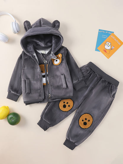 Boy clothing  3pcs Toddler Boy Outfit Set -Bear Appliqué Top, Hooded Zip-Up Jacket, and Matching Pants