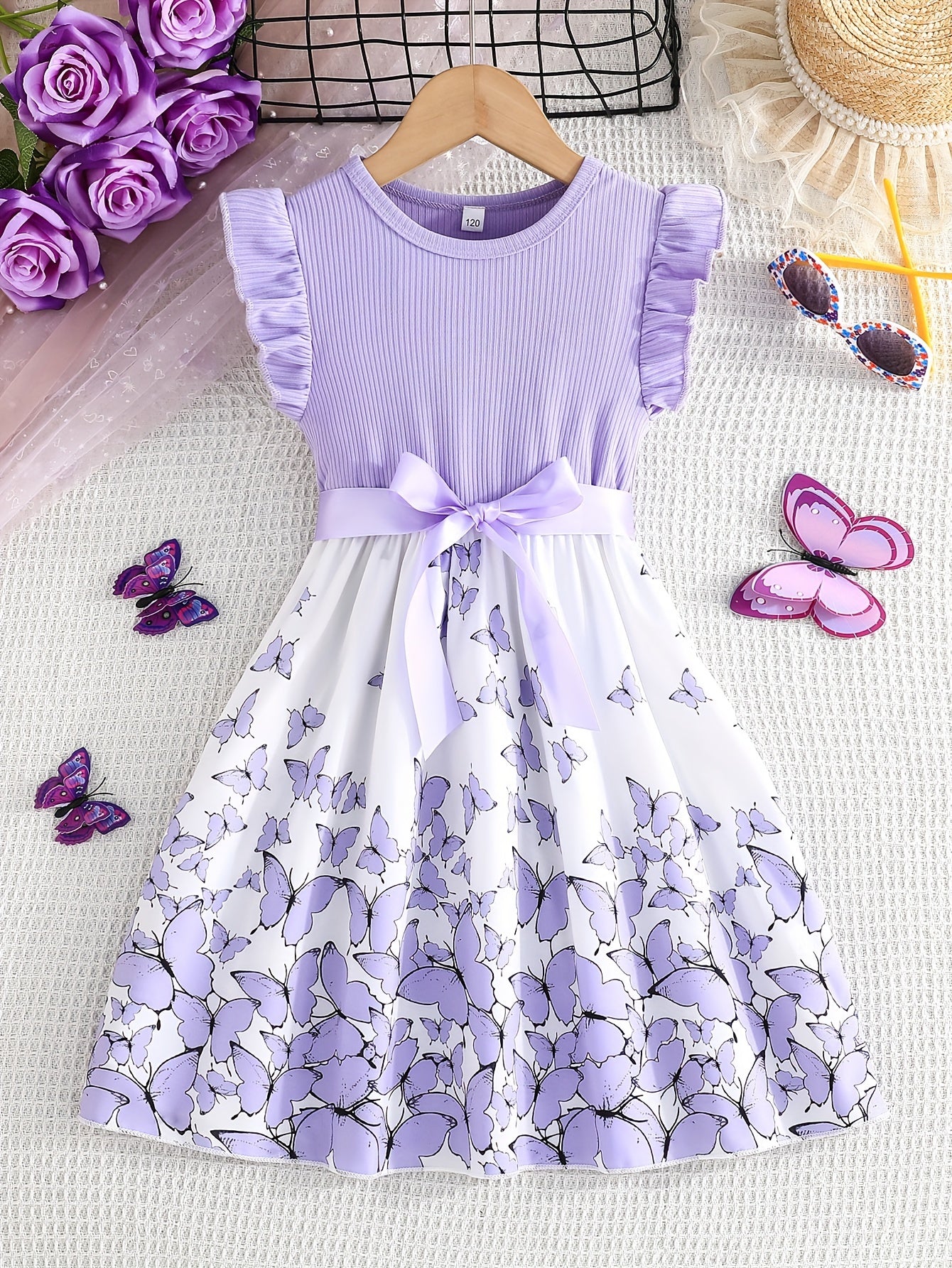 Girl clothing  Girls' Butterfly Print Spliced Solid Color Groove No-sleeve Earlobe Sleeve Hem Dress + Belt Two-piece Set