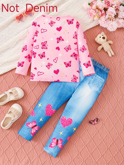 Girl clothing  2pcs Cute Bear and Sun Butterfly Heart Print Long Sleeve Top and Denim Pants Set