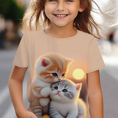 Girl clothing   Cat Pattern Short Sleeve Crew Neck T-shirt