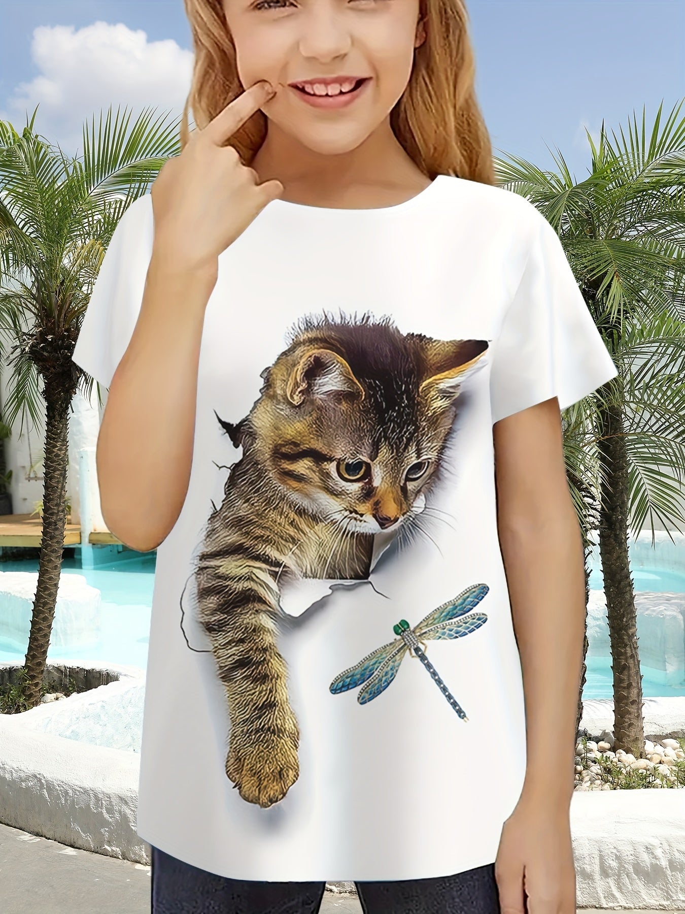 Girl clothing  Cat & Dragonfly Graphic Short Sleeve T-shirt