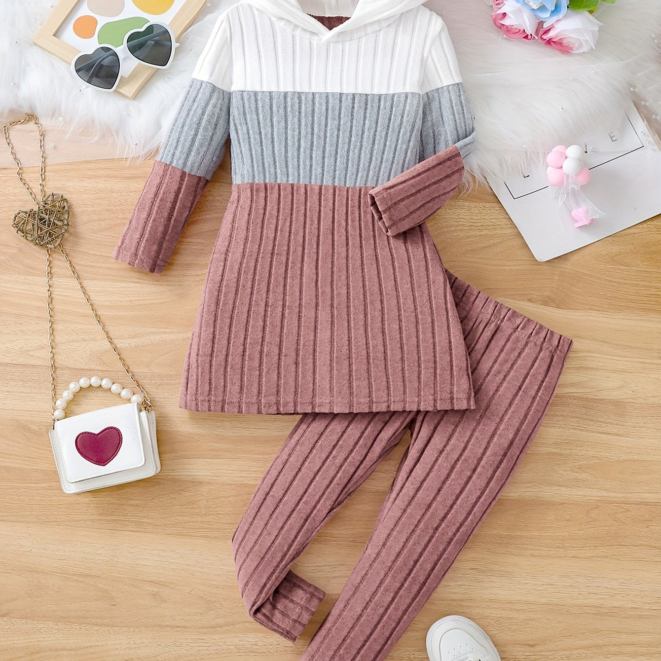 Girl clothing  2pcs Set, Spring/Fall Knitted Casual Outfit, Color Block Long Sleeve Hooded Pullover and Long Pants