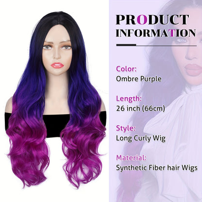 Crown & Glory Wigs  Elegant Ombre Purple Wig for Women - Long, Heat-Resistant Synthetic Hair with Dark Roots, Natural Look Body Wave Style (Black to Blue to Purple), 3 Tone, Colored Wigs, 1B, Elegant Style