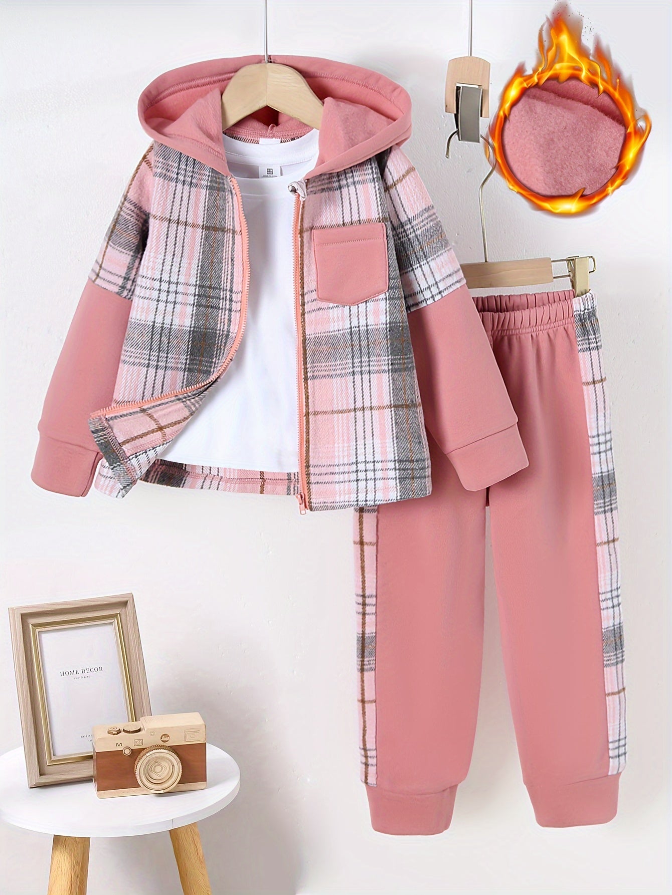 Girl clothing   Checkered Zip-Up Hooded Jacket with Matching Checkered Pants Set