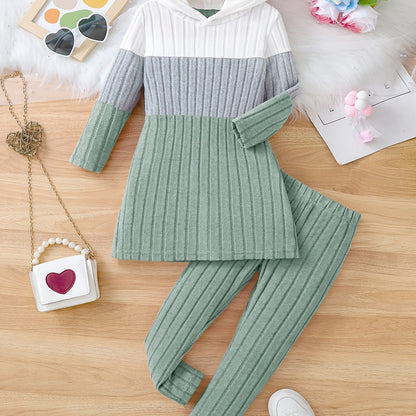 Girl clothing  2pcs Set, Spring/Fall Knitted Casual Outfit, Color Block Long Sleeve Hooded Pullover and Long Pants