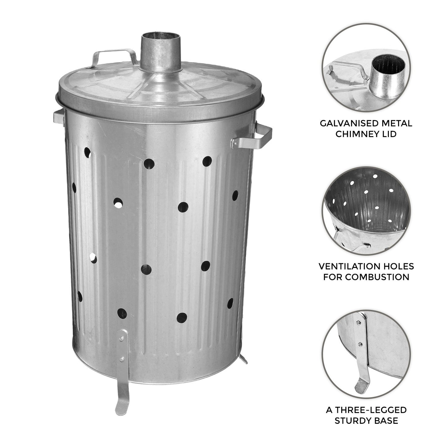 Outdoor  90 Litre Extra Large 90L Galvanised Metal Incinerator Recycle Garden Rubbish Fire Wood Burner Burning Leaves