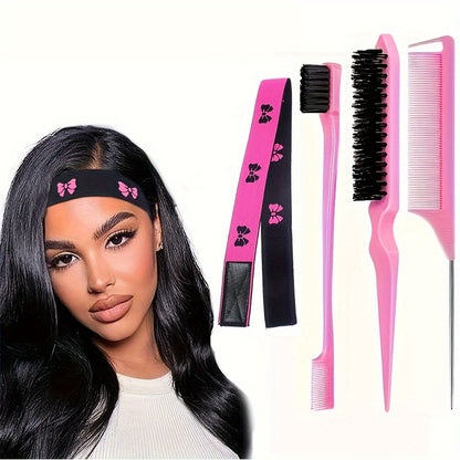 Style & Shine Hair  4-Piece Hair Styling Accessory Set - Elastic Edge Band for Wigs, Lace Front Grip, Pin Tail Comb, Fine Tooth Comb, Double-Sided Edge Control Brush Kit