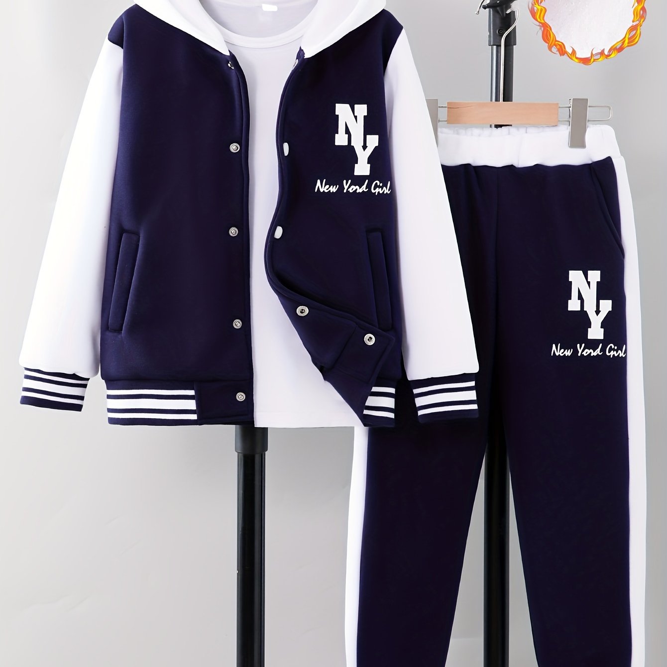 Girl clothing  'NY' Letter Print  Block Hooded Varsity Jacket + Sweatpants Set