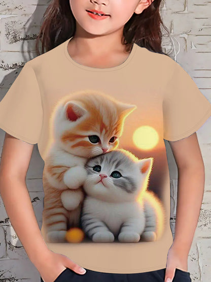 Girl clothing   Cat Pattern Short Sleeve Crew Neck T-shirt