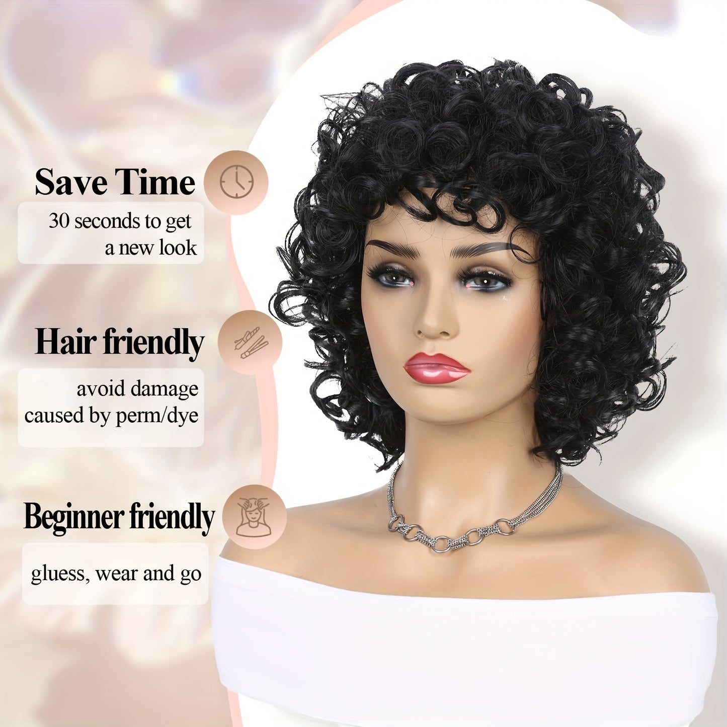 Crown & Glory Wigs Short Afro Curly Wig With Bangs for Women Synthetic Wigs for Women 10 inch