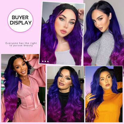 Crown & Glory Wigs  Elegant Ombre Purple Wig for Women - Long, Heat-Resistant Synthetic Hair with Dark Roots, Natural Look Body Wave Style (Black to Blue to Purple), 3 Tone, Colored Wigs, 1B, Elegant Style