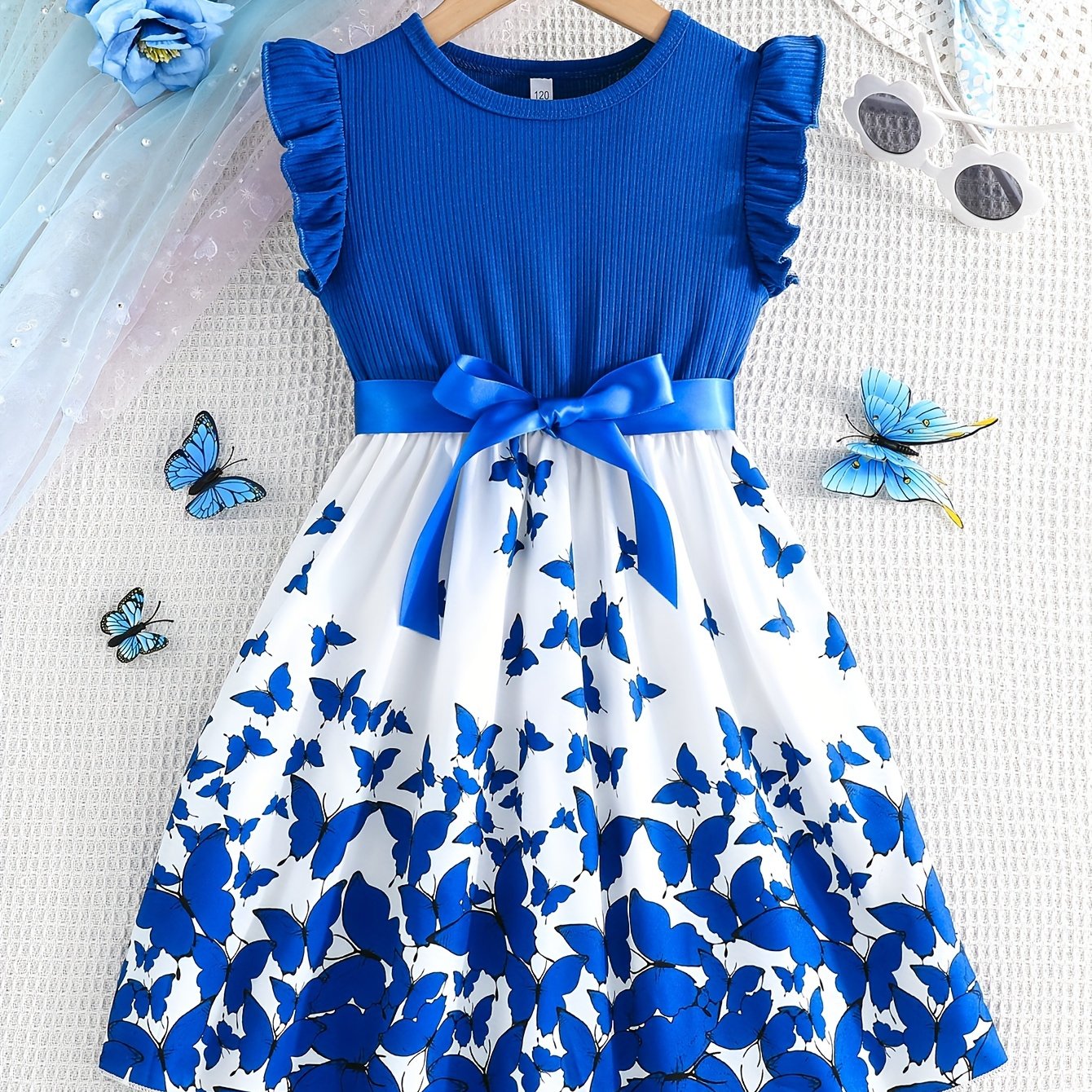 Girl clothing  Girls' Butterfly Print Spliced Solid Color Groove No-sleeve Earlobe Sleeve Hem Dress + Belt Two-piece Set