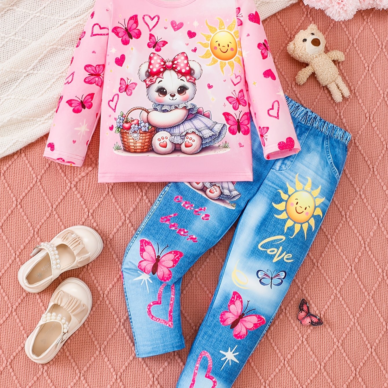 Girl clothing  2pcs Cute Bear and Sun Butterfly Heart Print Long Sleeve Top and Denim Pants Set