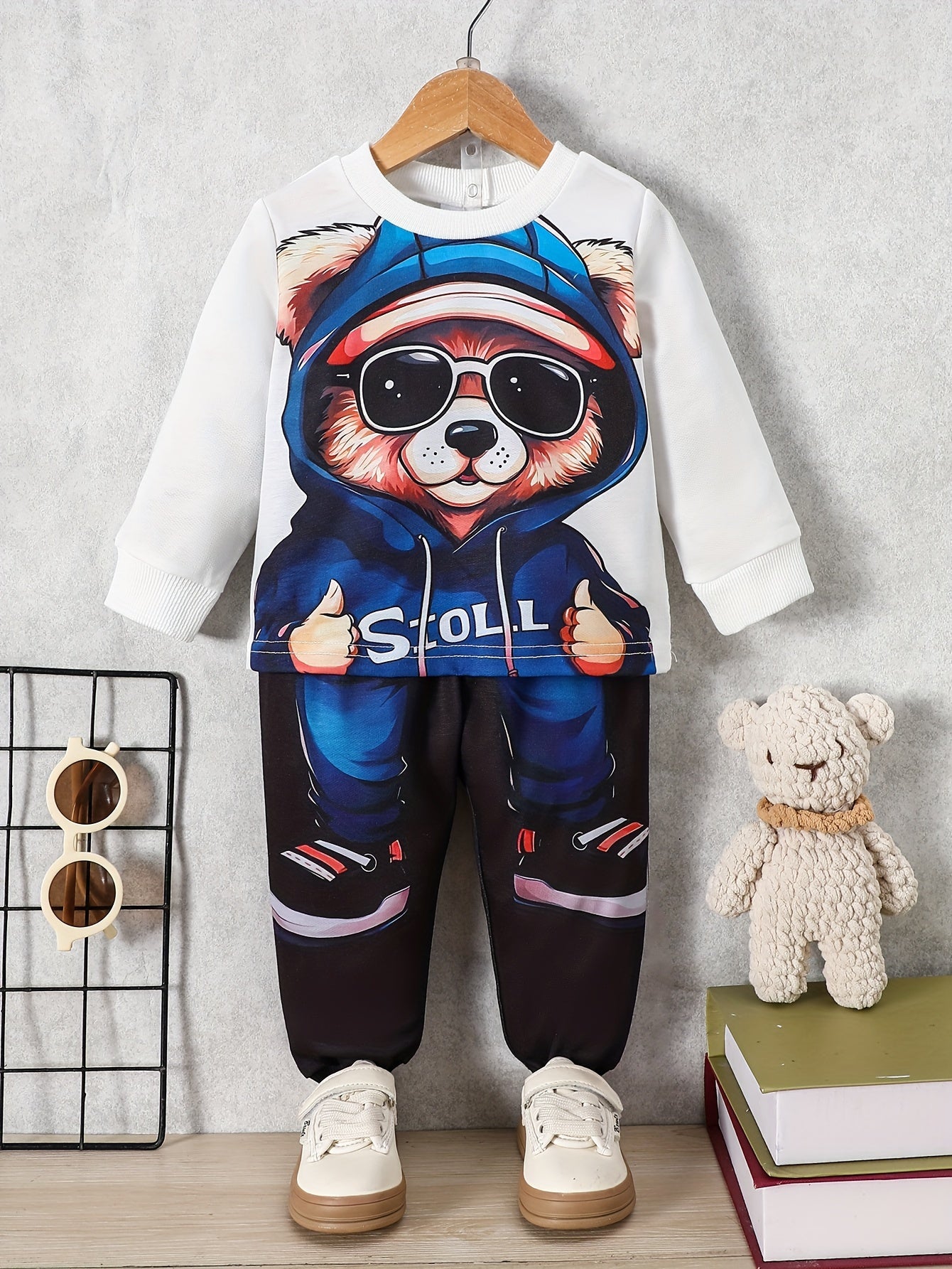 Boy  clothing Cool Hooded Bear Print Newborn Boy's Trendy Long Sleeves Round Neck Sweatshirt + Pants