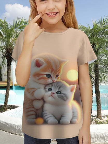 Girl clothing   Cat Pattern Short Sleeve Crew Neck T-shirt