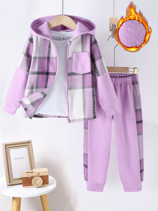 Girl clothing   Checkered Zip-Up Hooded Jacket with Matching Checkered Pants Set