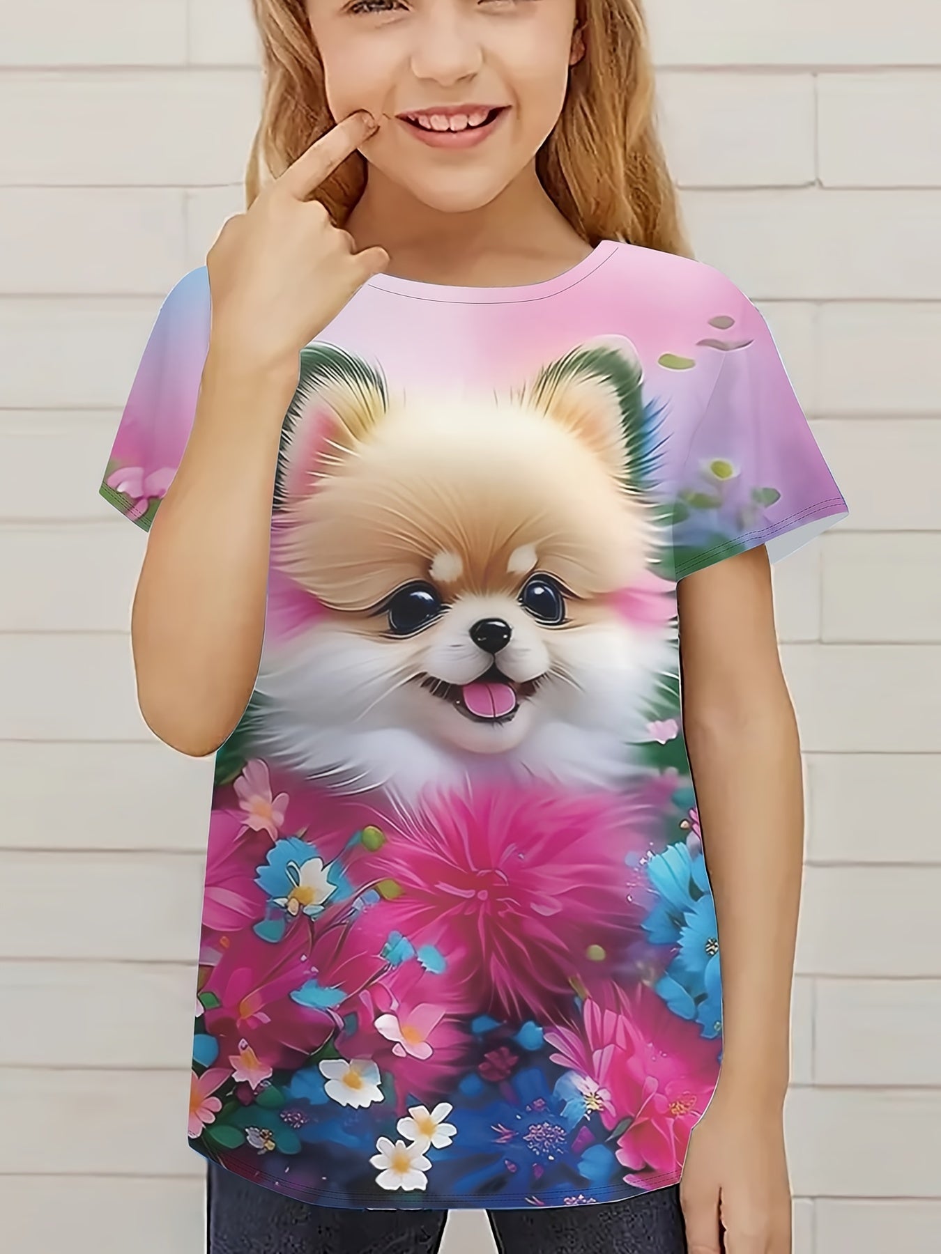 Girl clothing Puppy Print Crew Neck Short Sleeve T-shirt